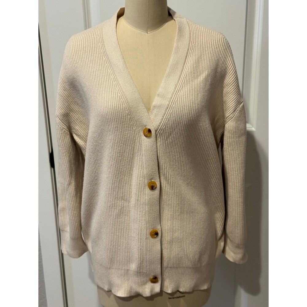 Women's LILLUSORY Cream Ribbed Oversized Cardigan with Brown Buttons, Size S